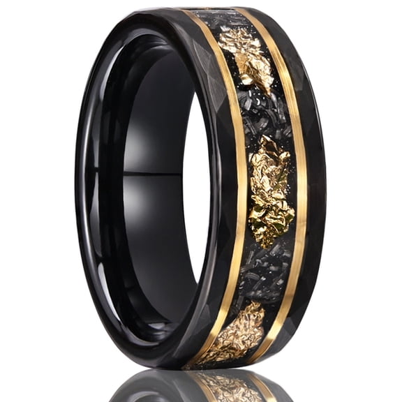 Tungsten Couple Rings Hammered Black Ring Setting with Natural Stone and Gold Foil