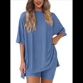 thumbnail image 1 of Traje Casual de Dos Piezas para Mujer, Camisa Holgada de Verano, Pantalones Cortos de Ciclismo, Ropa de Viaje para el Aeropuerto. Azul XXL, 1 of 7