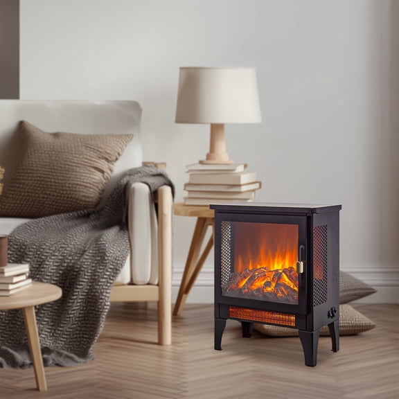 Hommoo Freestanding Portable Electric Fireplace Stove Heater with 3D Flame Effect, Antique Black