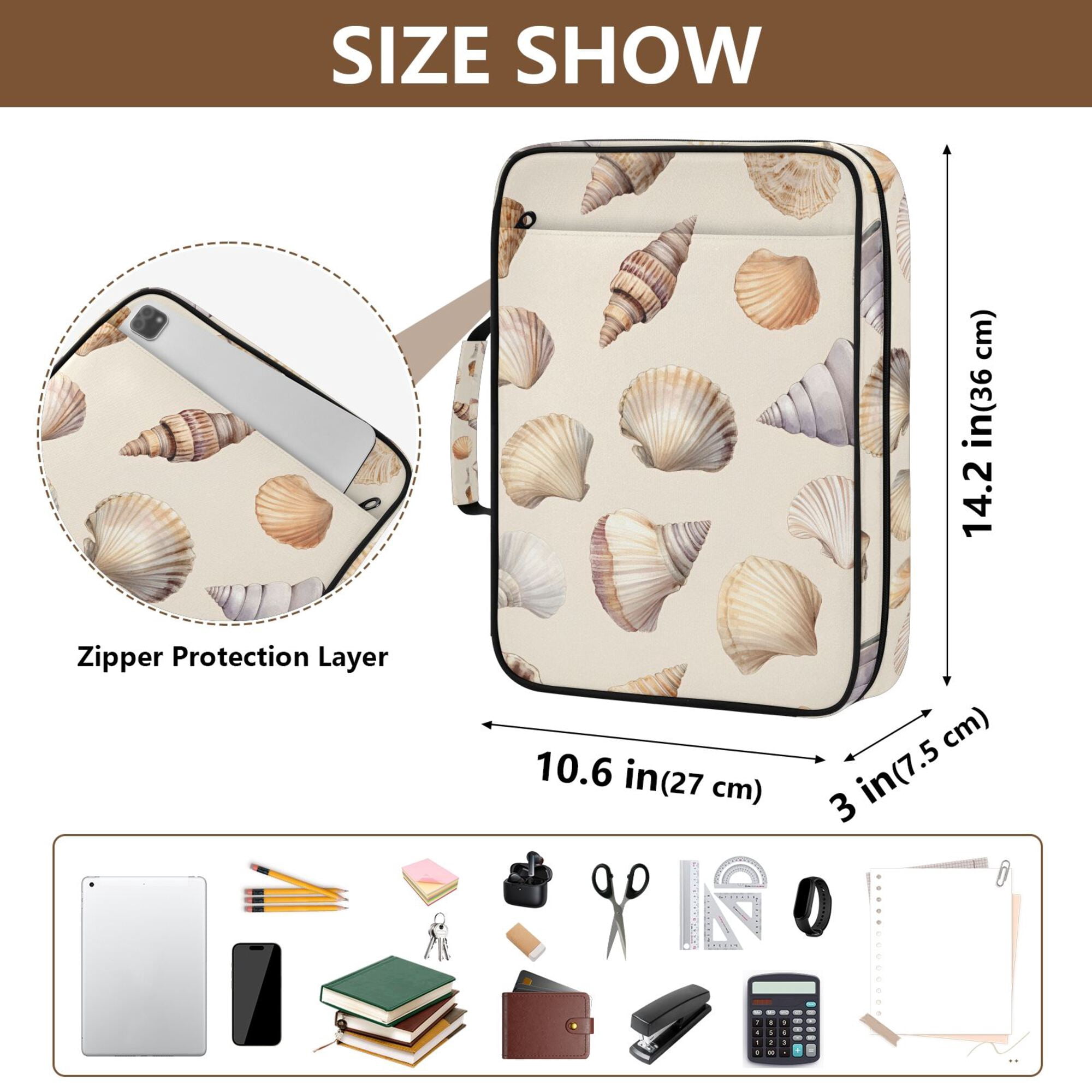 FORMRS Accordion File Folder A4 Size 7-Pocket Expanding Document Organizer Bag with 3 Ring Binder, Watercolor Seashells