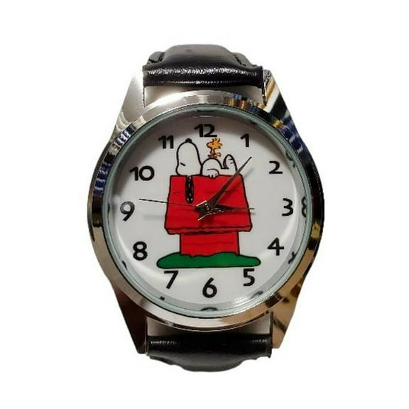 Peanuts Cartoon Dog on House Character Black Band Wristwatch