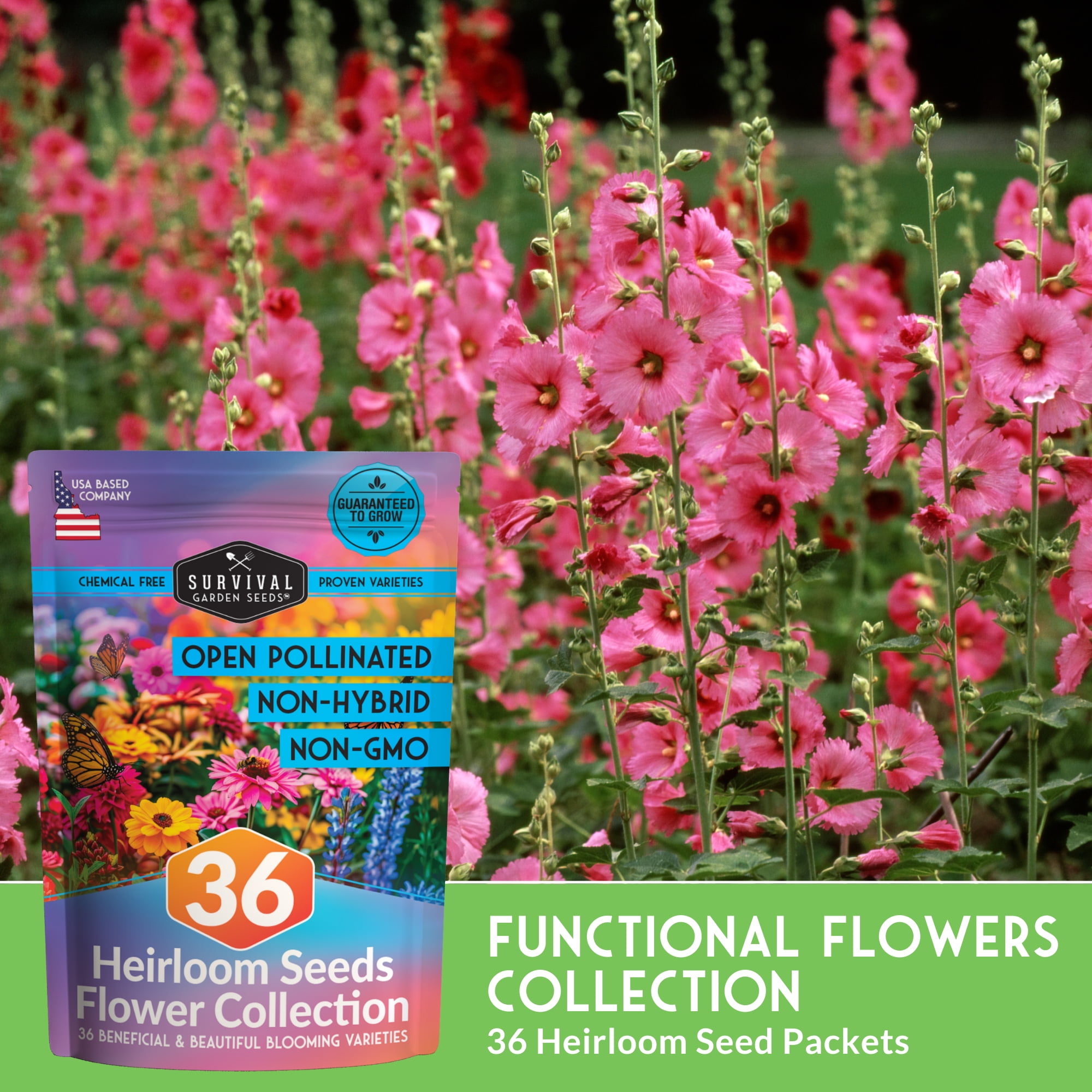 36 Pack Functional Flower Seeds - Non-GMO Full Sun, Includes Annual Flowers