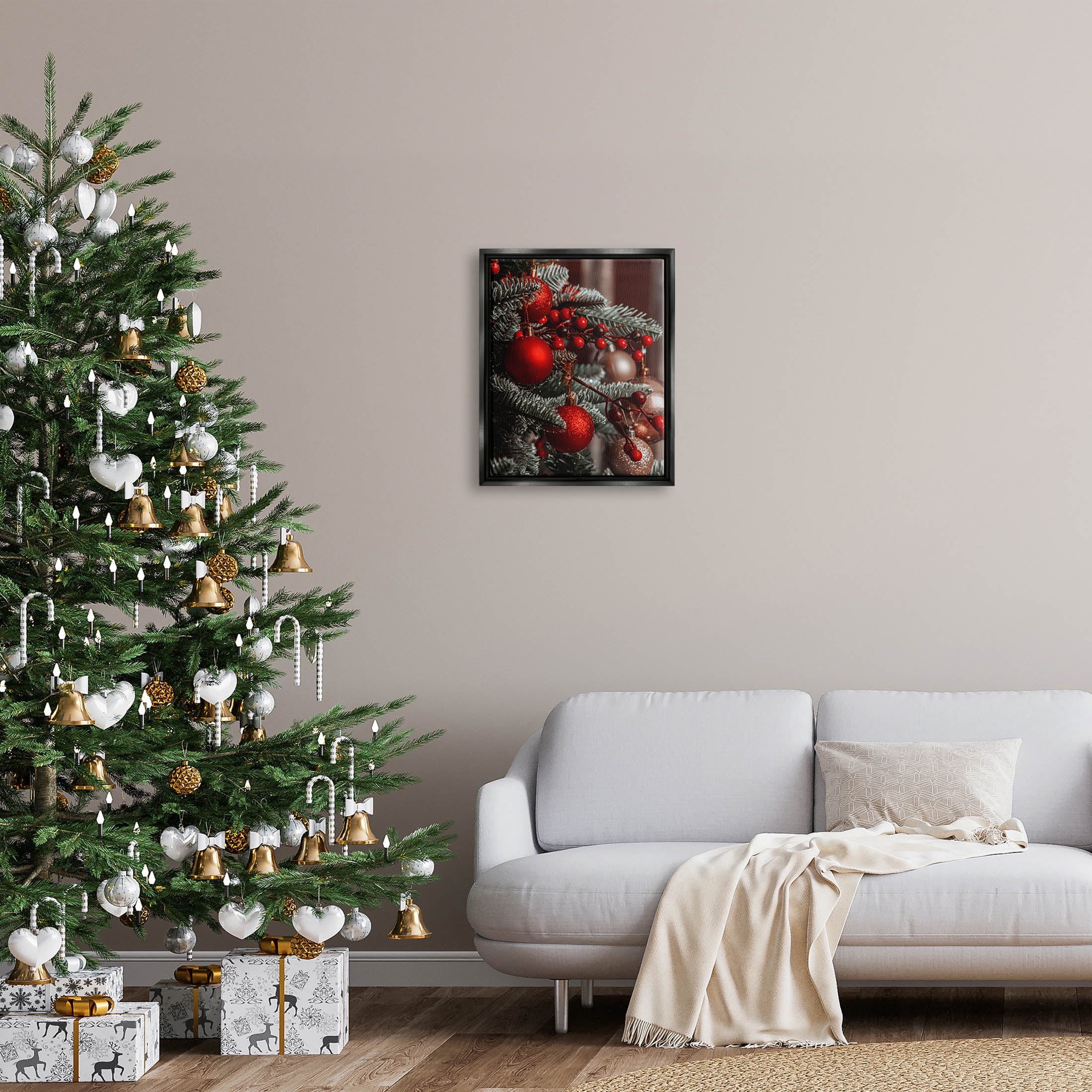 Hanging Red Ornaments Christmas Tree Holiday Photograph Jet Black Framed Art Print Wall Art