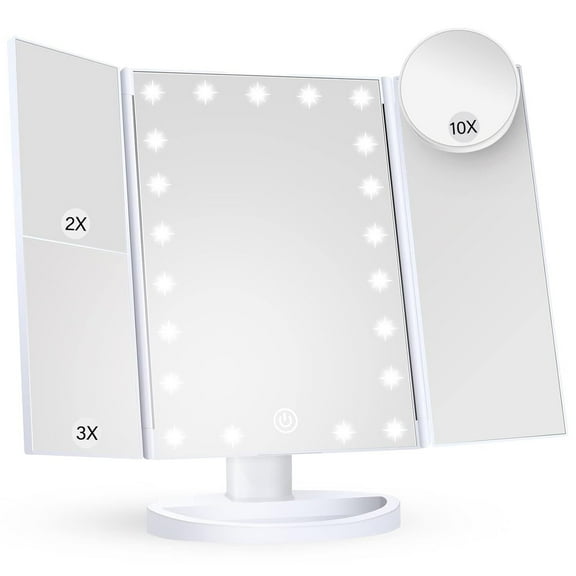 Trifold Lighted Vanity Makeup Mirror with 21 LEDs Lights,2x/3x/10x Magnification and Touch Screen Dimming,Two Power Supplies Makeup Mirror, Gift for Women