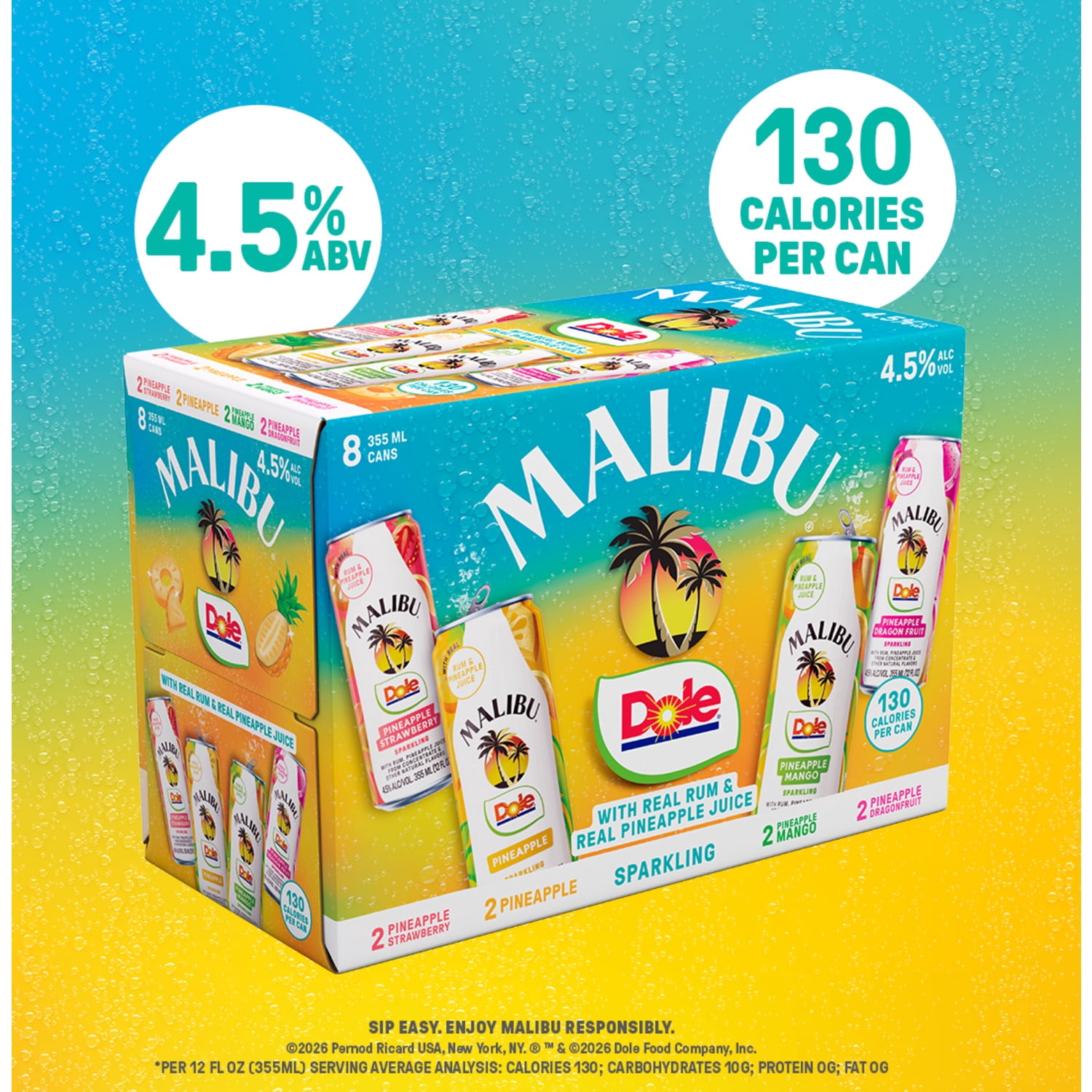 Malibu Dole Ready to Drink Variety 8 Pack, 12 oz Cans, 4.5% ABV