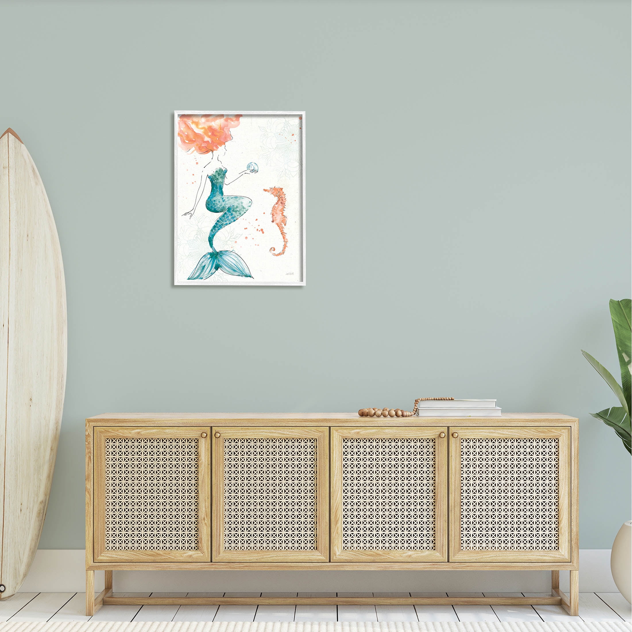 Stupell Industries Mermaid and Ocean Seahorse Graphic Art White Framed Art Print Wall Art, Design by Anne Tavoletti