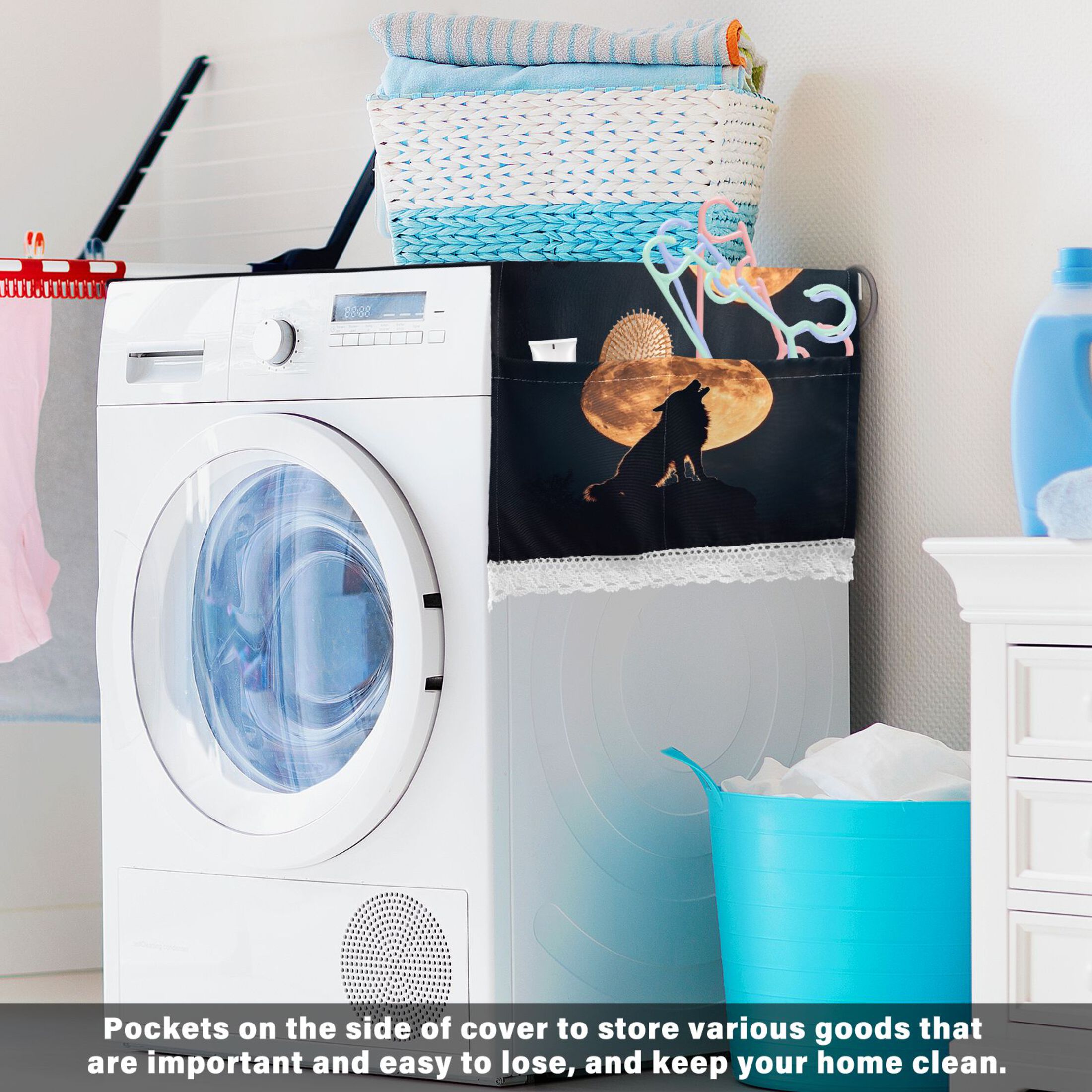 The Legend Of Starving WolfWasher and Dryer Covers Dust-Proof and Oil Resistant Fridge Cover with 4 Storage Pockets Washing Machine Top Cover for Laundry Kitchen Home 51.2 x 22 In