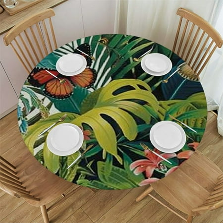 

Tllo0ord Round Fitted Tablecloth Gardening Flowers Lleaves and Butterflies Print Elastic Edged Polyester Table Pad Small Fit Round Tables for Indoor Outdoor Patio Use 42-46