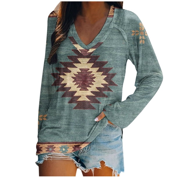 Moda mujer primavera otoño impreso manga larga cuello en V Casual Tee Tops Pompotops FGAJ115