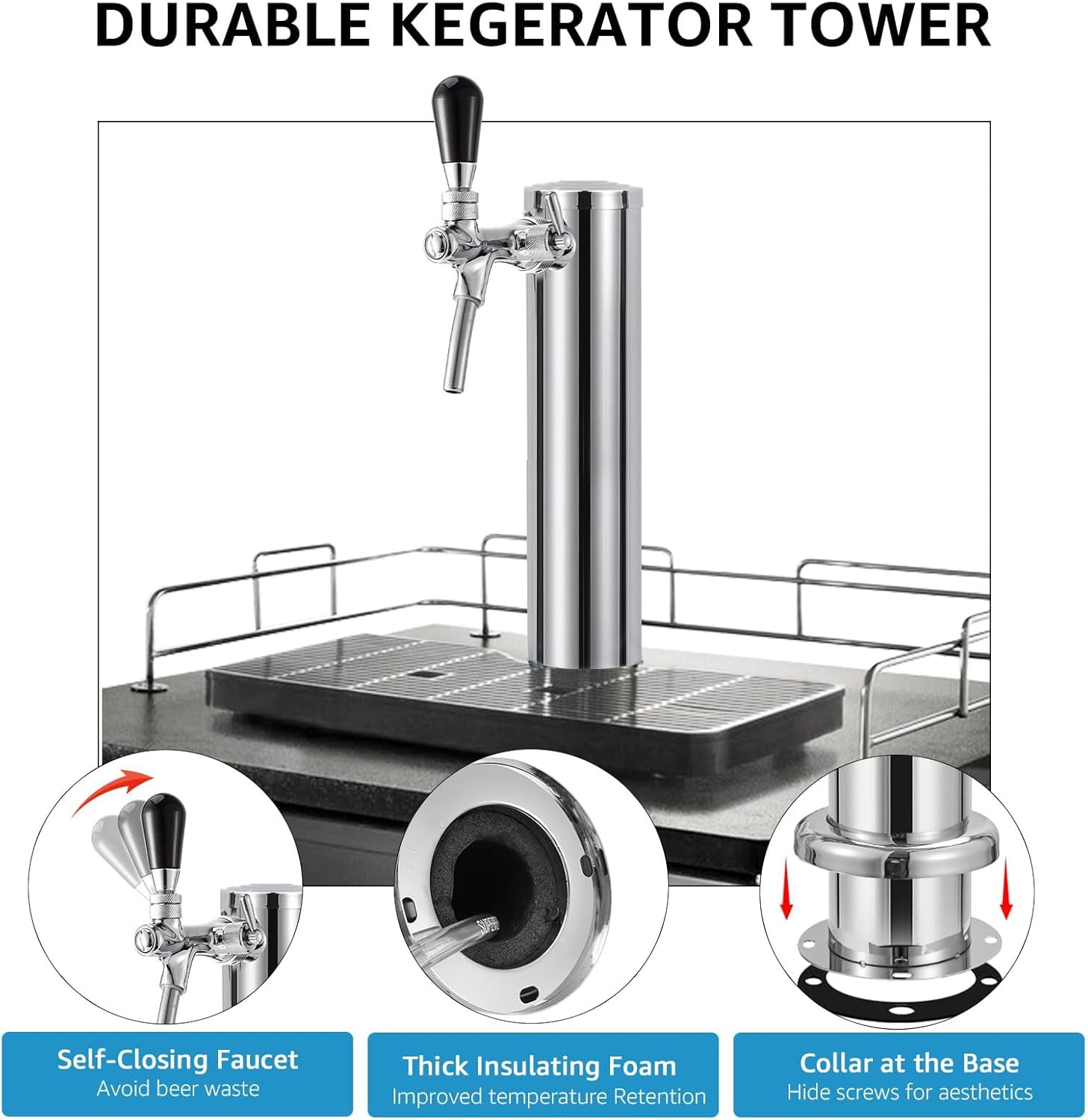 Adjustable Single Tap Tower Kegerator Tower, Draft Beer Tower Keg Tower with Kegerator Parts, Stainless Steel Core Pre-assembled Beer Line Beer Tower Dispenser for Homebrew