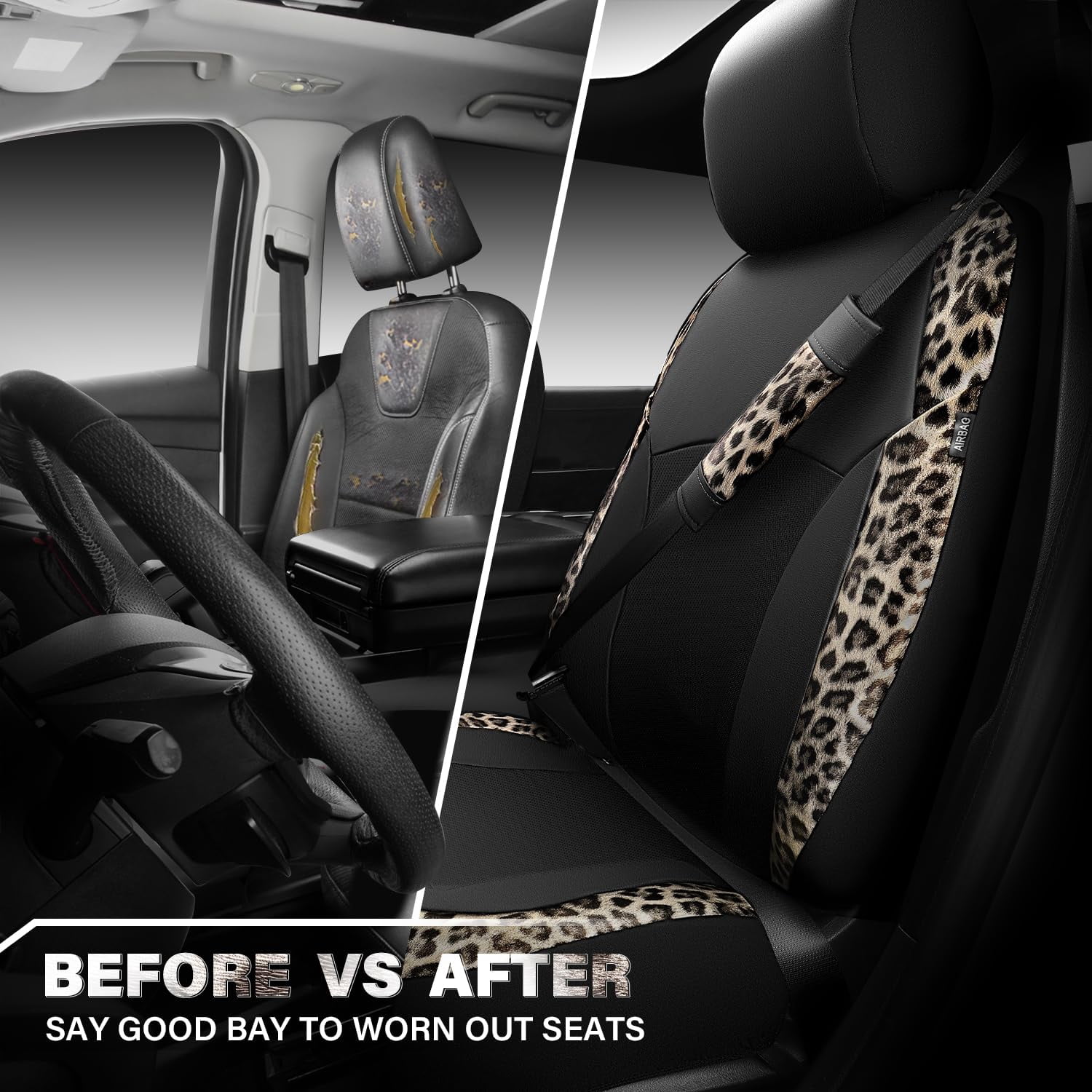 CAR PASS Leopard Print Faux Leather Car Seat Covers & Leopard Car Mats&Leopard Steering Wheel Cover Seat Belt Pad Universal Car Accessories for SUV,Van,Saden,Truck Automobile Interior Sets