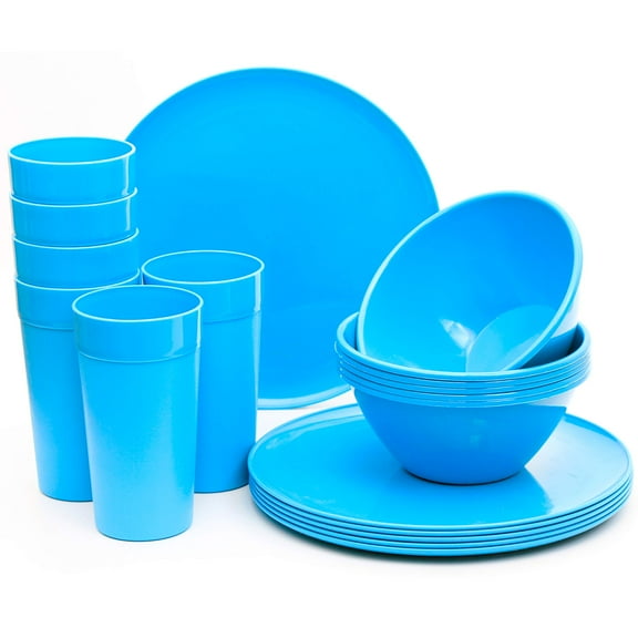 Youngever 18-Piece Plastic Kitchen Dinnerware Set, Plates, Dishes, Bowls, Cups, Service for 6 (Blue)