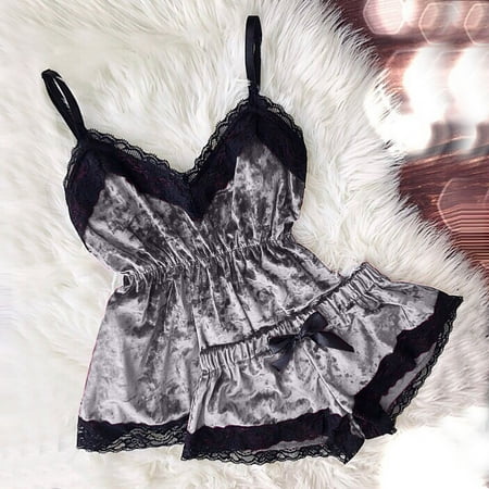 

TMOYZQ Women Plus Size Two Piece Velvet Babydoll Pajamas Sets Sexy Lace Hem V-Neck Spaghetti Strap Camisole Sleeveless Tunic Lingerie Crop Top + Bowknot Shorts Sleepwear Loungewear Set