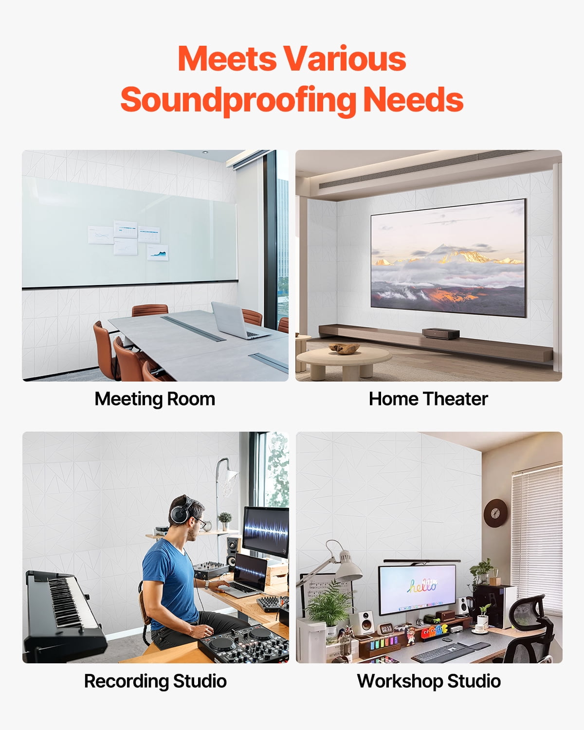VEVOR 18 Pack Acoustic Panels with Self Adhesive, 11.8 x 11.8 x 0.4 inch Sound Proof Foam Panels, Polyester Fiber Soundproof Wall Panels High Density, for Home, Studio, Office, Theater, White