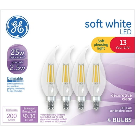GE LED 2.5-Watt (25W Equivalent) Soft White Decorative Clear Finish Light Bulbs, 4-Pack