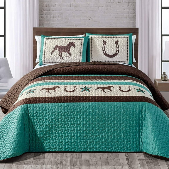 WPM Cabin Lodge Teal Green, Brown Western Bedspreads, Queen, Textured (3 Count)