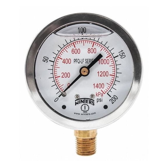 Lead-Free Pressure Gauge, 0 to 200 psi, 2 1/2 in Dial, 1/4 in NPT, Bottom Location PFQ806LF