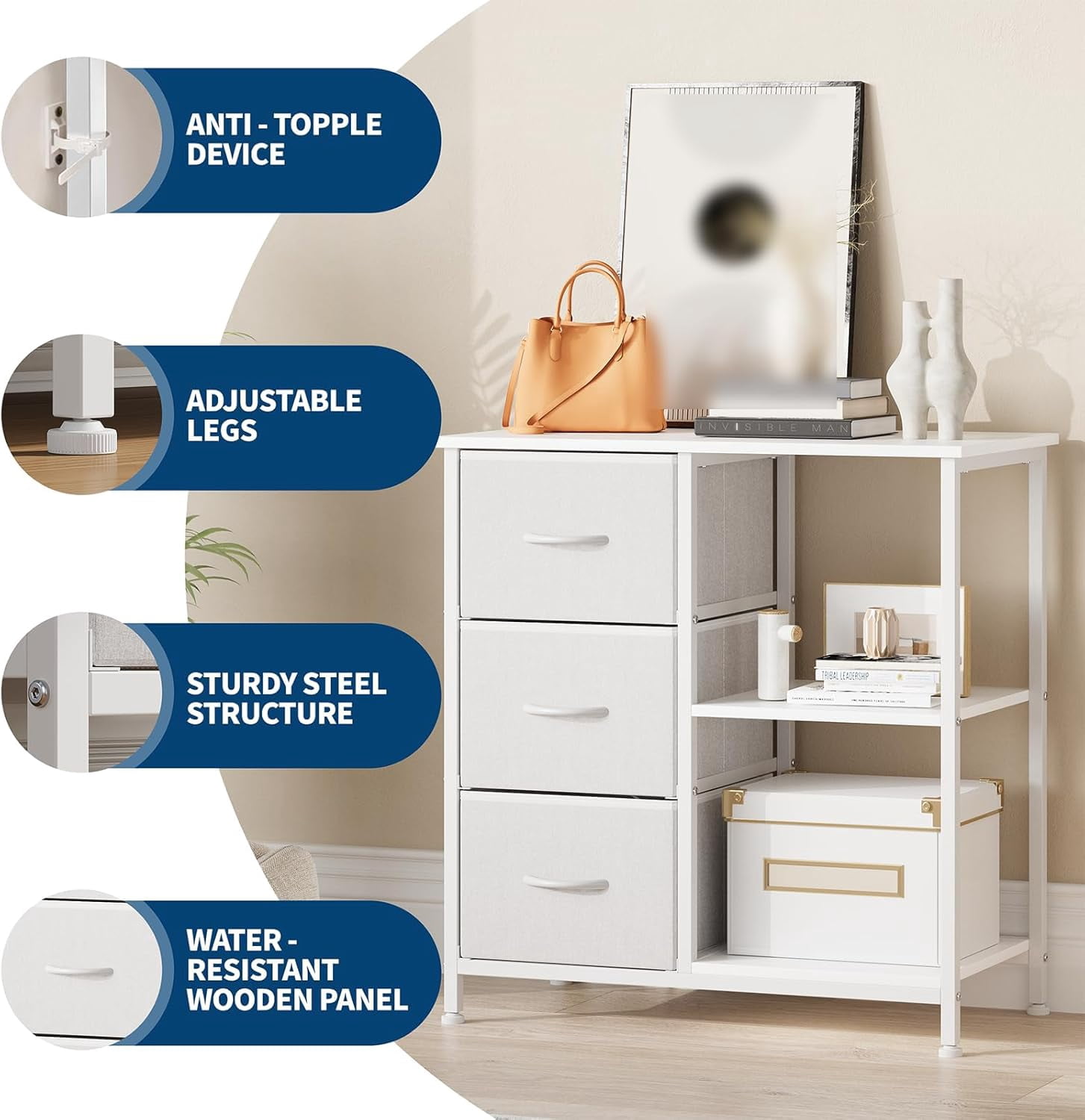 Multifunctional 3 Fabric File Cabinet with Open Storage Shelf – Printer Stand & Bedside Table – Sturdy Steel Frame – Home Office Organizer – White