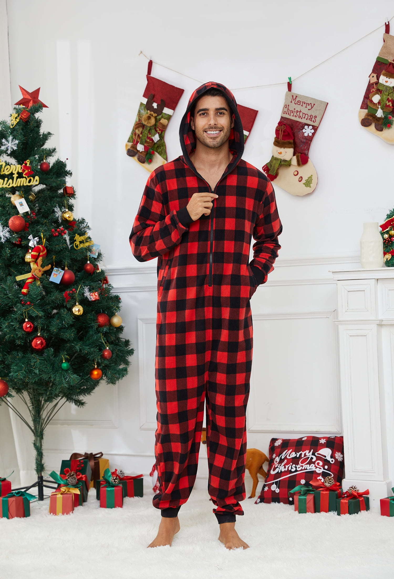 U2SKIIN Couple Onesie Pajama Sets, Hooded Zipper Christmas Matching Plaid Pjs Set for Men and Women Soft Warm Jumpsuit (Mens Buffalo Plaid-Red, XL)