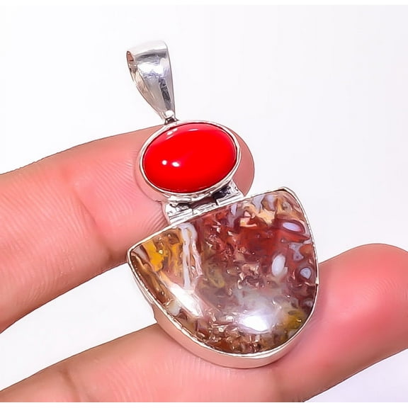 Plume Agate & Red Coral 925 Sterling Silver Pendant 1.95" P3093-337, Christmas Gift, Gemstone Silver Jewelry, Agate Pendant, New Year Sale