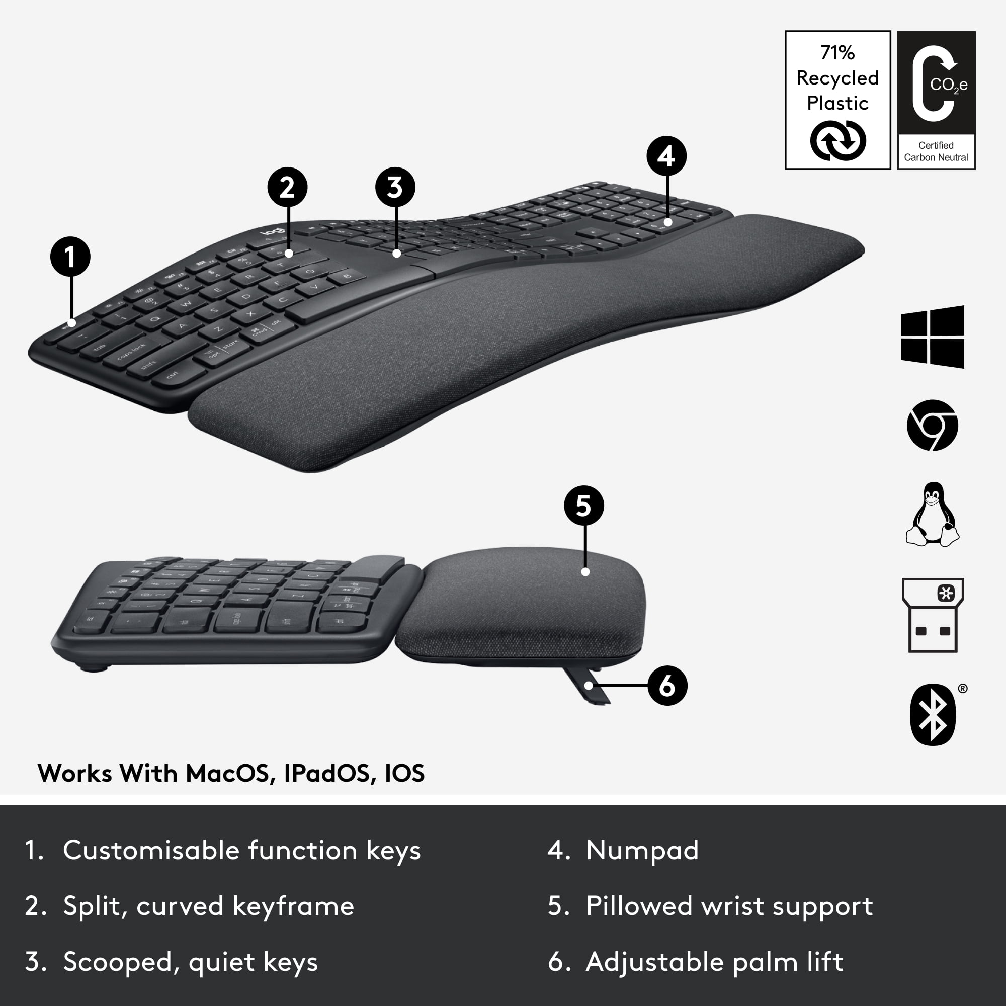 Logitech ERGO Series Rest, Fabric, USB Wrist Keyboard, Bluetooth K860 Ergonomic Connectivity, Wireless and with - Compatible Stain-Resistant Split Typing, Keyboard - Natural Windows/Mac Graphite
