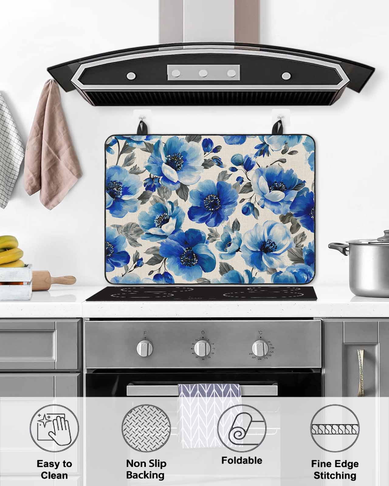 Large Induction Cooktop Protector Mat Blue Flowers Stove Top Covers for Electric Stove, Spring Watercolor Floral Leaves Plants Beige Decorative Stove Burner Cover Mats, Glass Top Stove Cover