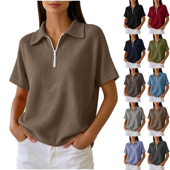 VBVC Women's Half Zip Waffle Collared Top , V Neck Short Sleeve Blouse For Women , Ladies' Loose Fit Breathable Summer Shirt, Black , S-3XL