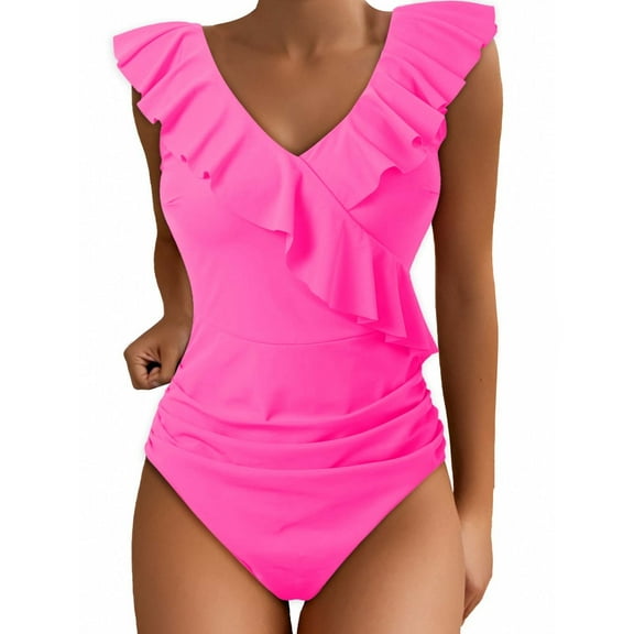 Swimsuits Bathing Suit Ruffle V Neck Swimwear Pink One Piece Swimsuit Women