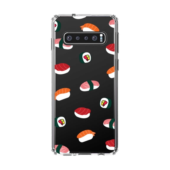 DistinctInk Clear Shockproof Hybrid Case for Samsung Galaxy S10 (6.1" Screen) - TPU Bumper, Acrylic Back, Tempered Glass Screen Protector - Cartoon Sushi