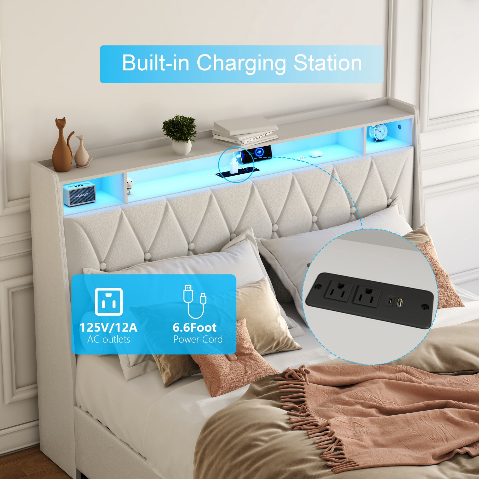 AENKYO Queen Size Bed Frame with LED Lights, Upholstered Storage Headboard & 4 Drawers, and Built-in Charging Station, Beige