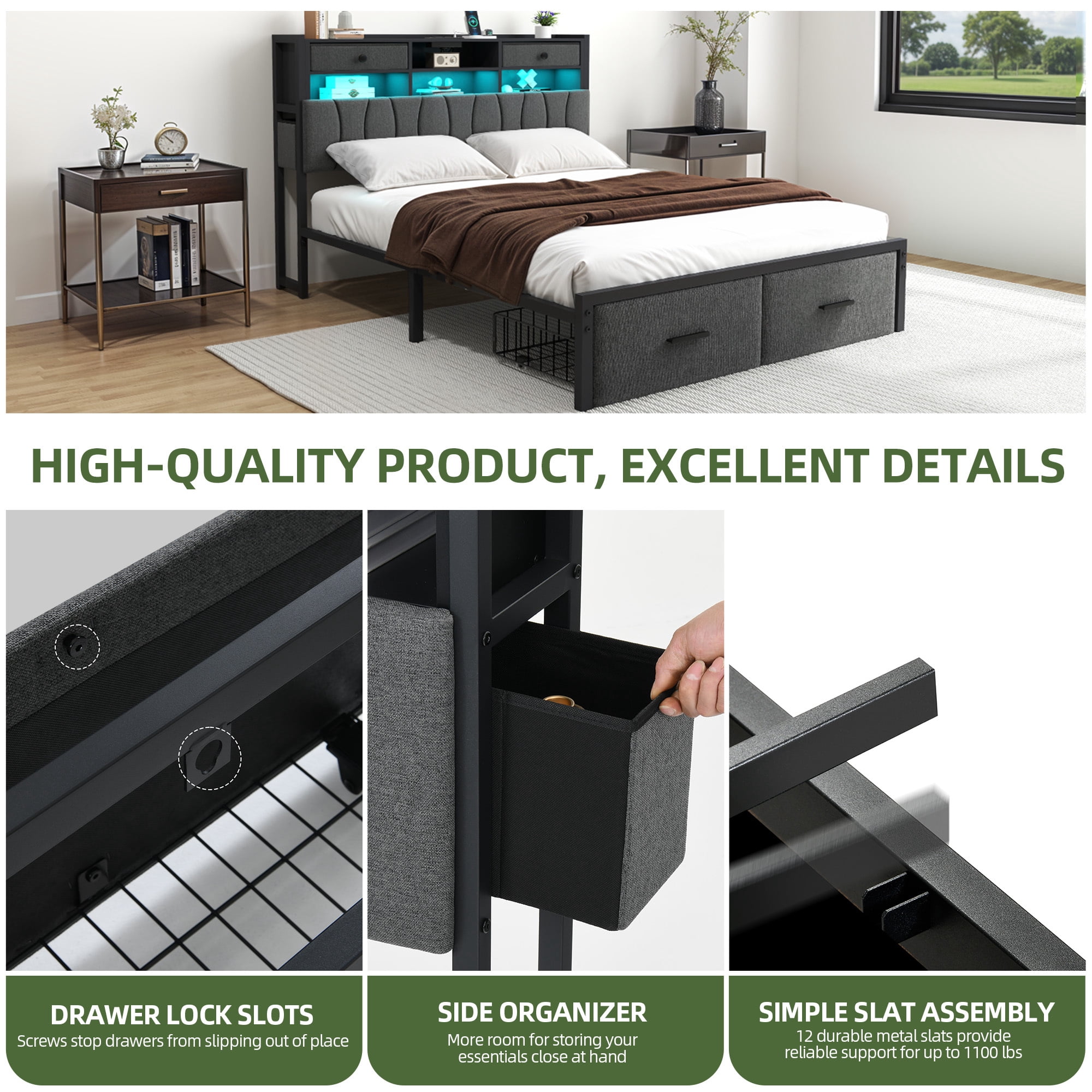 Uforic Queen Upholstered Bed Frame with Charging Station, LED Platform Bed with Storage Drawers,Gray
