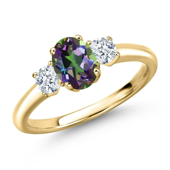 Gem Stone King 10K Yellow Gold Green Mystic Topaz and White Zirconia Engagement Ring for Women | 1.65 Cttw | Oval 7X5MM | Gemstone November Birthstone | Size 9