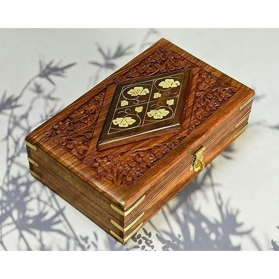 India House-Hand Engraved Inlaid Brass Chips Wooden Box Keepsake Jewelry Organizer &Storage- 8x5 inch