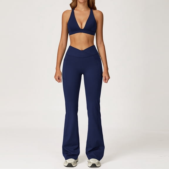 PISONIC Women Two Piece Workout Sets Cross Back Sports Bras Matching High Waist Flared Leggings Gym Yoga Outfits