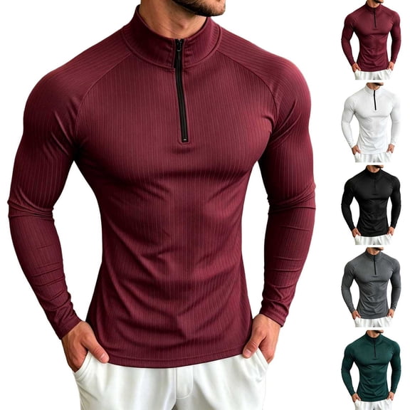 UVEASISHA Men's Compression Shirts 1/4 Zip Up Stand Collar Long Sleeve T-Shirts Ribbed Knit Slim Fit Gym Muscle Tees Solid Color Stretchy Workout Shirt Gray L