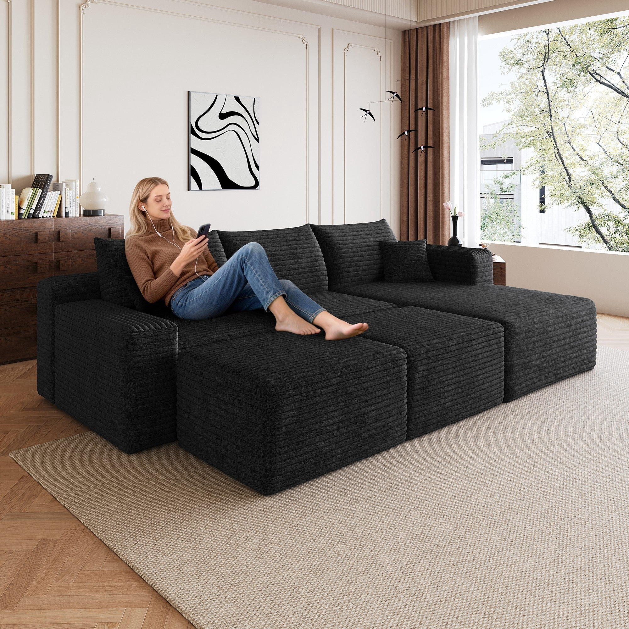 Sailvan 95" Cloud Sectional Sofa with 2 Ottomans,No Assembly Required U-Shaped Modular Couch,Deep Seat Sofa for Living Room Black