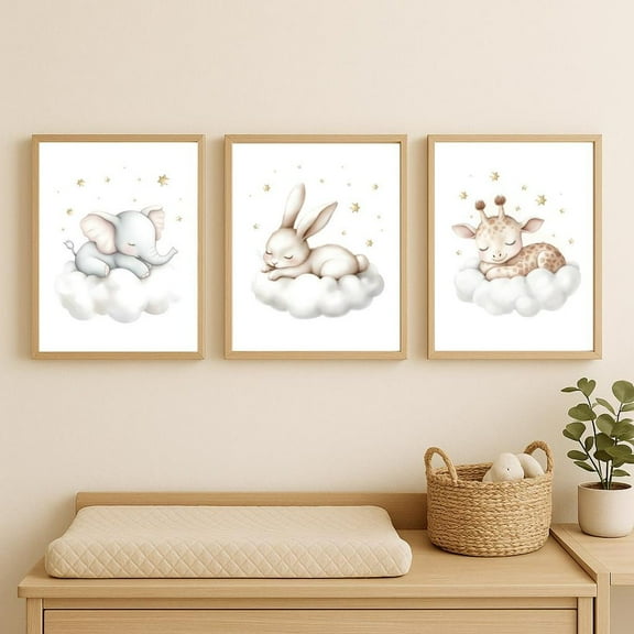 UNFFRAMED Luvia Sleeping Animal Nursery Wall Art Set of 3, Elephant Bunny Giraffe Prints, Neutral Cloud Baby Room Decor Set 3 Prints 8x12