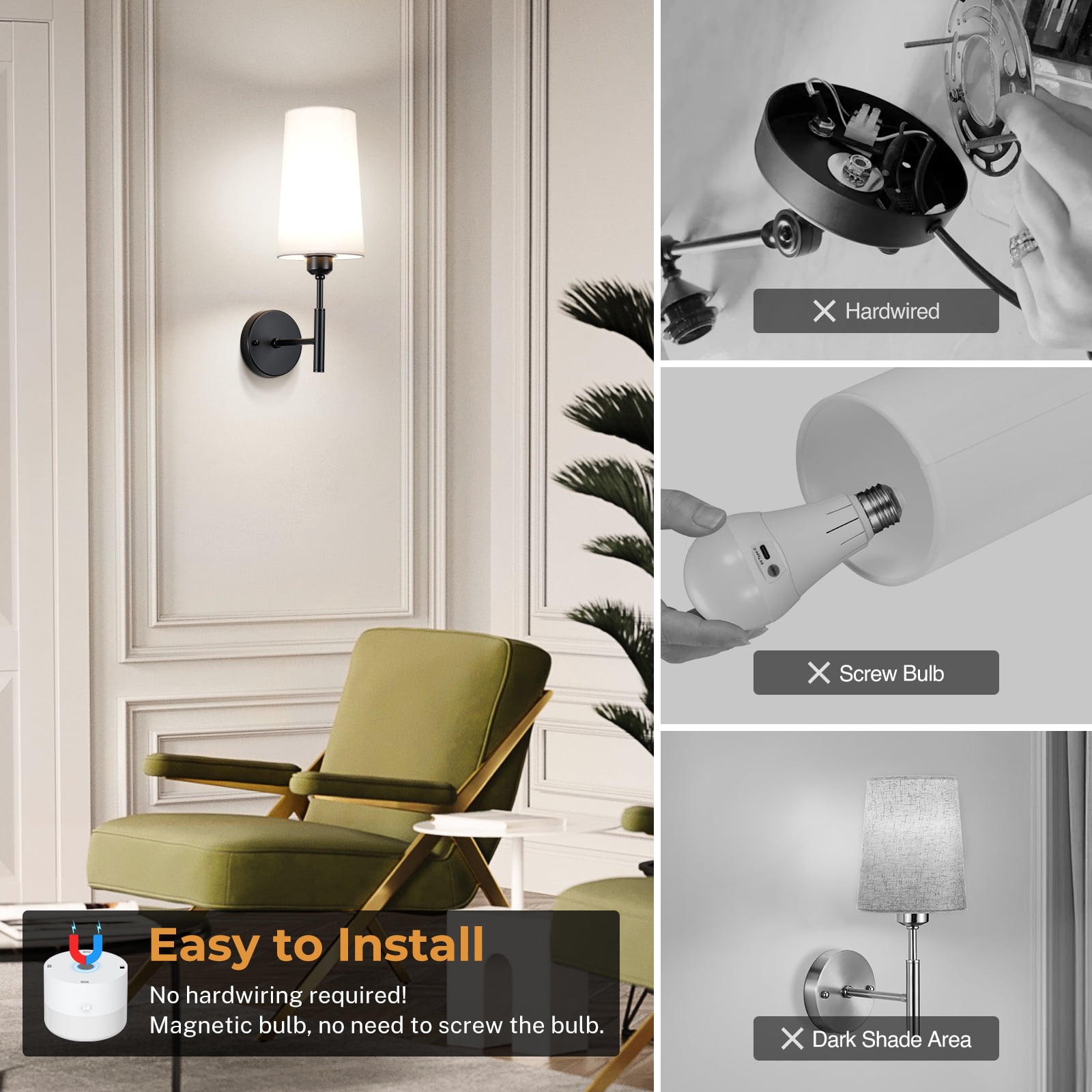 Battery Operated Wall Sconce Set of Two,13000mAh Wall Sconces, Rechargeable Wall Sconce With Remote,Dimmable Wireless Battery Powered Wall Lamp Decor For Bedroom Living Room,Black