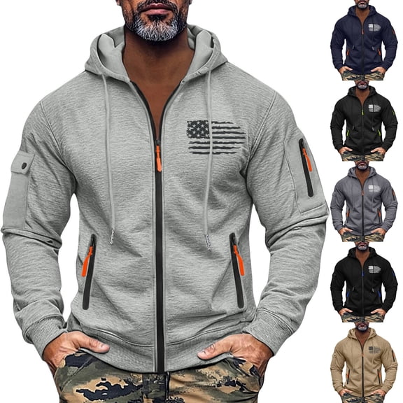 Men's Flag Print Zip Up Hoodie with Arm Pocket, Casual Cardigan Style Sweatshirt, Large Size Fleece Jacket for Patriotic Events, Christmas, Outdoor Activities,Black,L