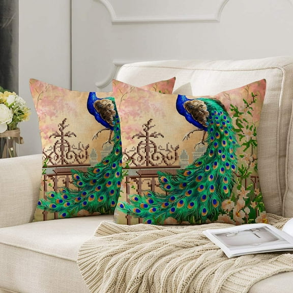 Peacock Art Pillow Covers, Cozy Set of 2, 18x18" Decorative Cushions for Living Room & Sofa 18x18" Set of 2
