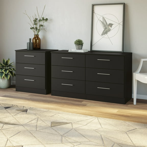 Kappesberg Foster Black 55.1"W 6-Drawer Dresser and 3-Drawer Chest Set with Sleek Handles - for Adults and Teens