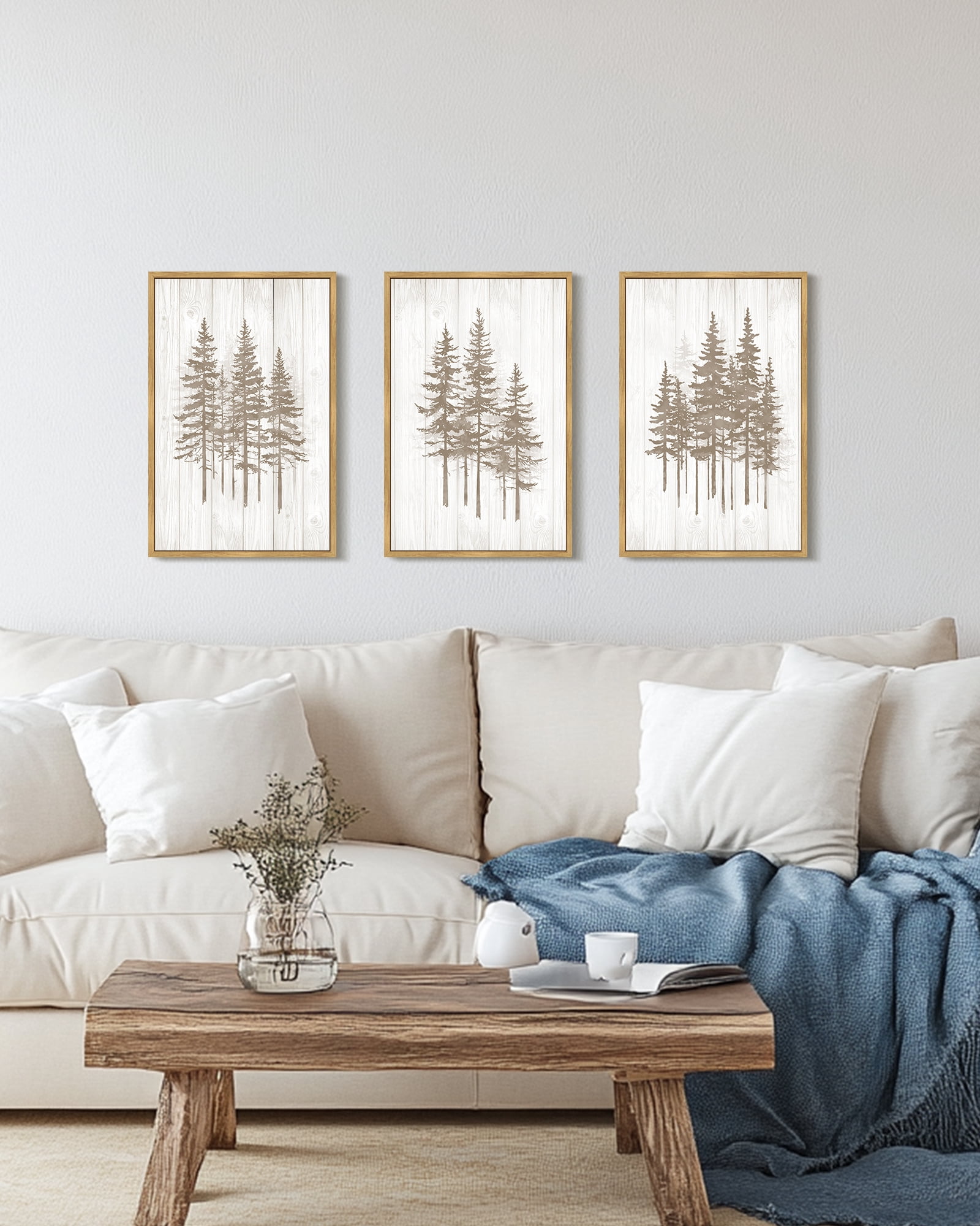 SHENIFY Foggy Pine Tree Wall Art 16x24in3pcs Natural Framed Watercolor Nature Abstract Misty Forests Wall Decor Minimalist Rustic Painting for Bedroom Living Room