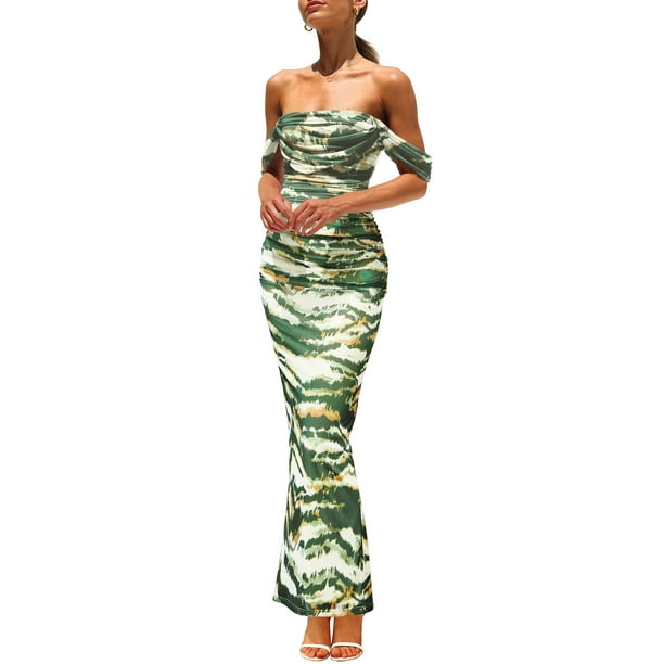 Vestido largo PRETTYGARDEN para mujer, ajustado fruncido, estampado floral S, verde militar oscuro