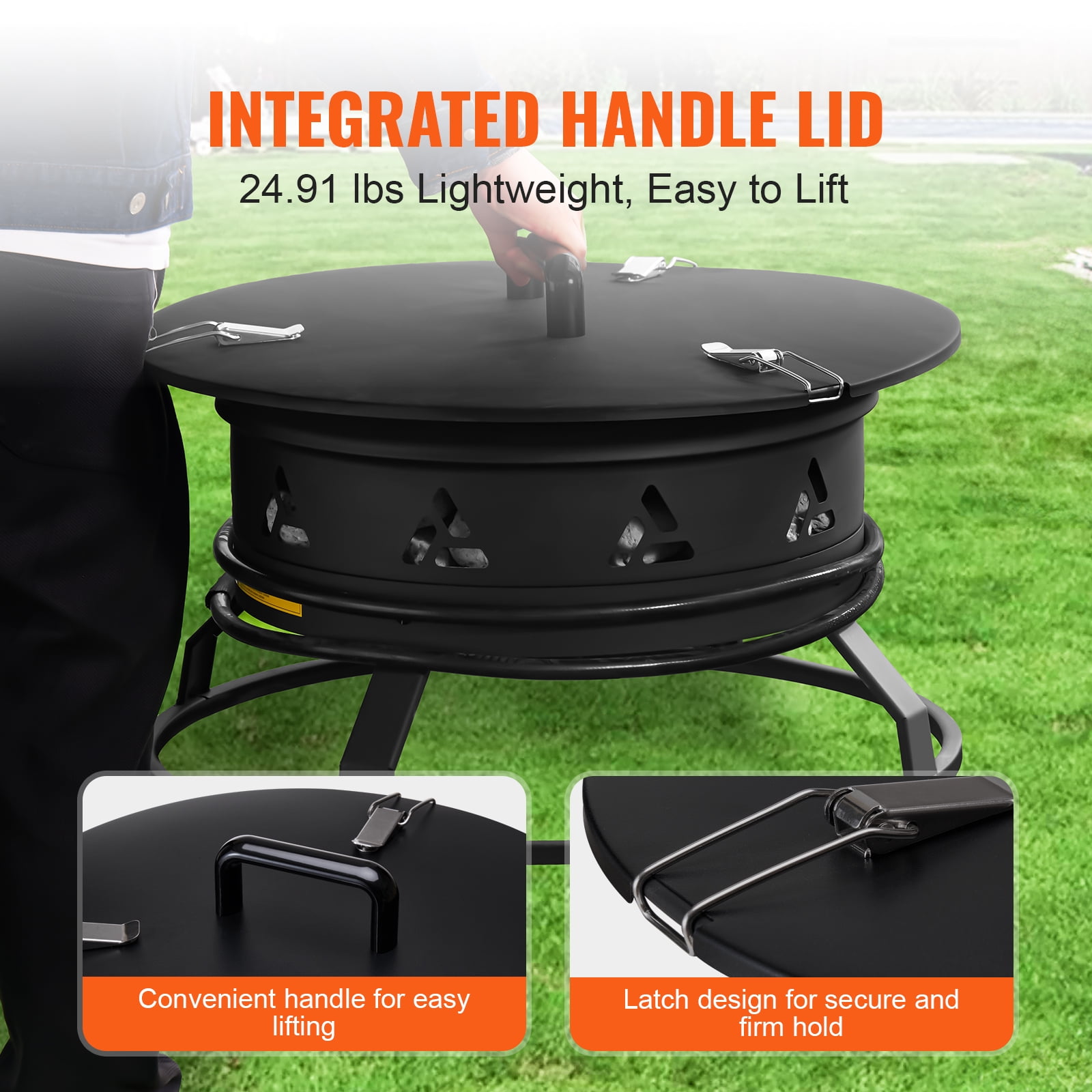 KFFKFF Gas Fire Pit, 24-Inch Round Outdoor Portable Propane Fire Pit with Protective Cover & Lava Stones, Modifiable Flame Intensity, Ideal for Warming, Illumination, Social Events,58,000 BTU,Black