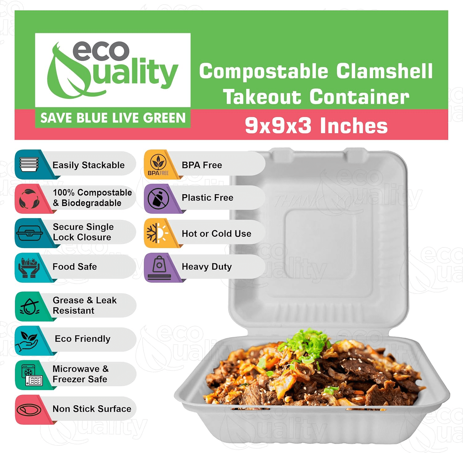 300 Count - Biodegradable 9x9 Take Out Food Containers with