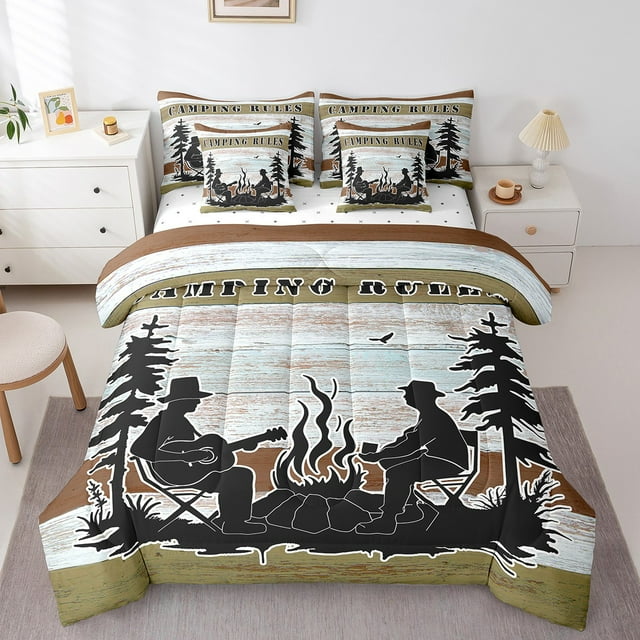 YST Ensemble de Literie Règles de Camping 7 Pcs, Format Double – Décor Rustique de Ferme en Bois