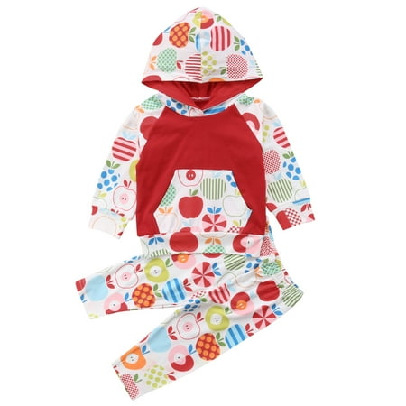 

Baby Girls 2Pcs Outfit Set Hoodies Pullover with Pockets Apple Print+Long Pants