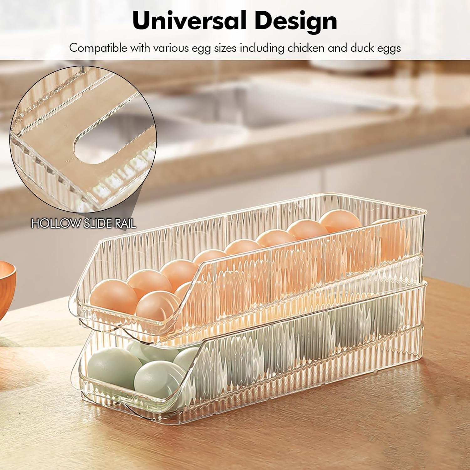 16 Egg Holder for Fridge, Rolling Egg Container, Stackable Egg Tray Holds 16 Eggs - Clear