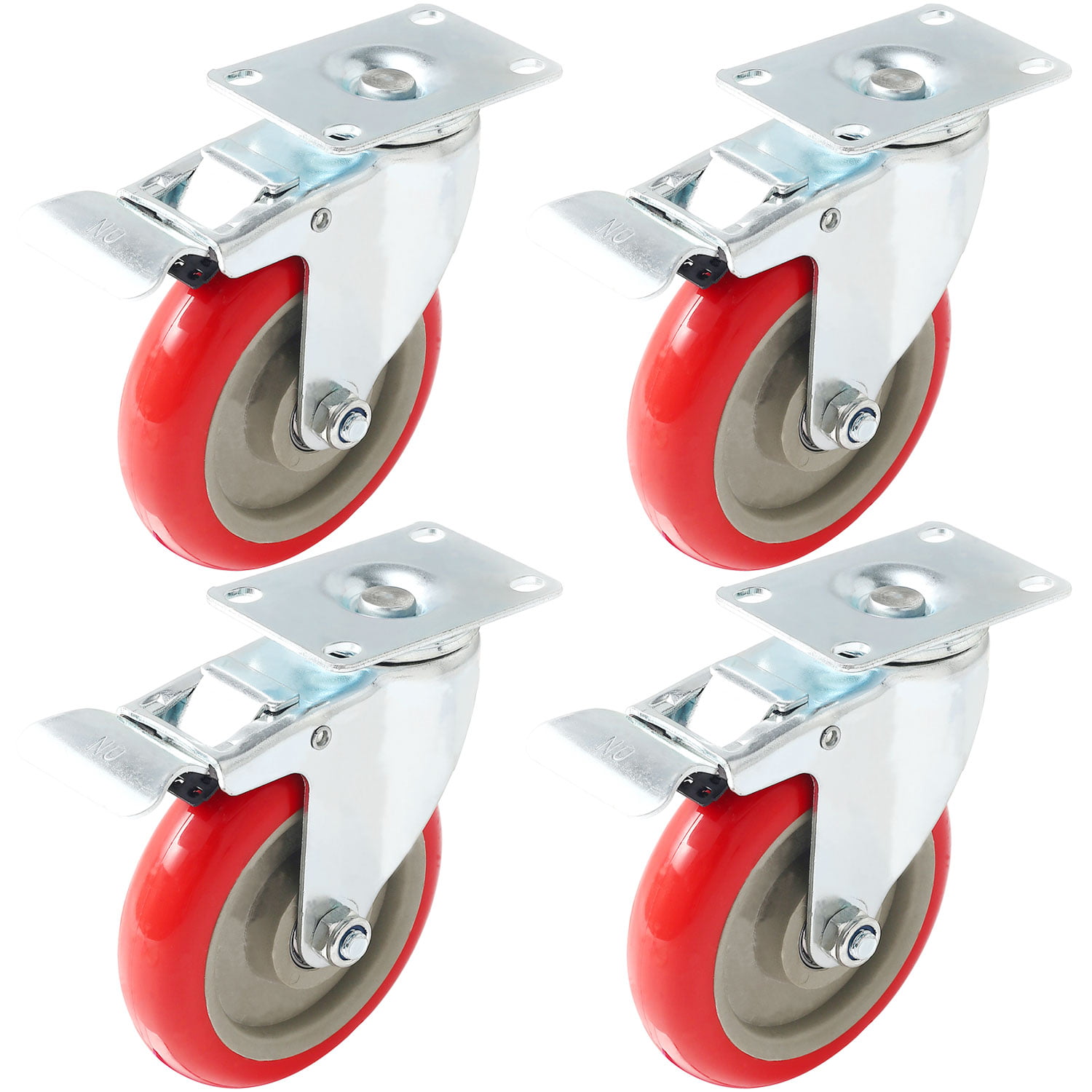 4PCS Red PVC Caster Wheels 360° Swivel Plate with Lockable Brake 3'' 4'' 5'' 