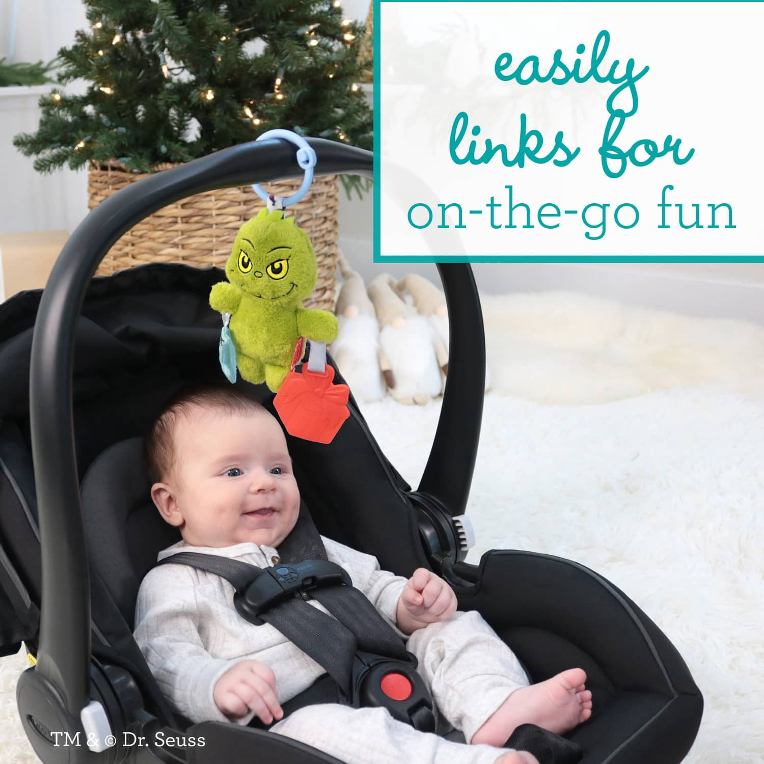 Infantino Chime & Go Tag Along Pal The Grinch, Soft Plush Baby Toy with Teether and Crinkle Tree